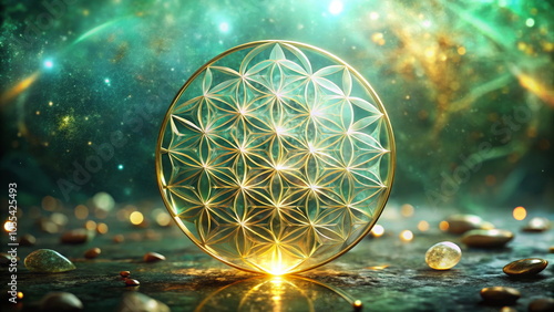 Glowing flower of life symbol in mystical cosmic setting