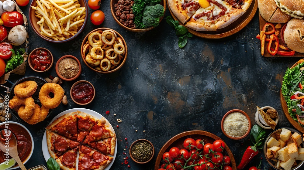 A variety of fast food items arranged around the perimeter of a dark background with copy space in the center. A variety of fast food items arranged around the perimeter of a dark background with copy space in the center.