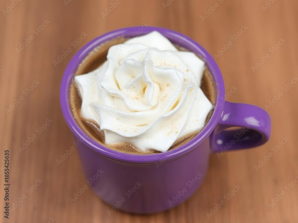A delicious cup of coffee topped with fluffy whipped cream in a vibrant purple mug, whipped cream, treat A delicious cup of coffee topped with fluffy whipped cream in a vibrant purple mug, whipped cream, treat