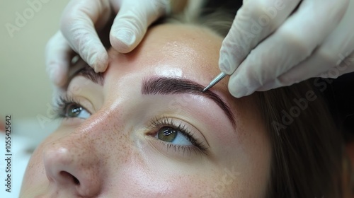 Close-Up of Microblading Procedure on Woman's Eyebrows in Beauty Salon with Professional Tools and Gloves photo