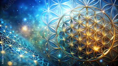 Glowing sacred geometry pattern in blue and gold
