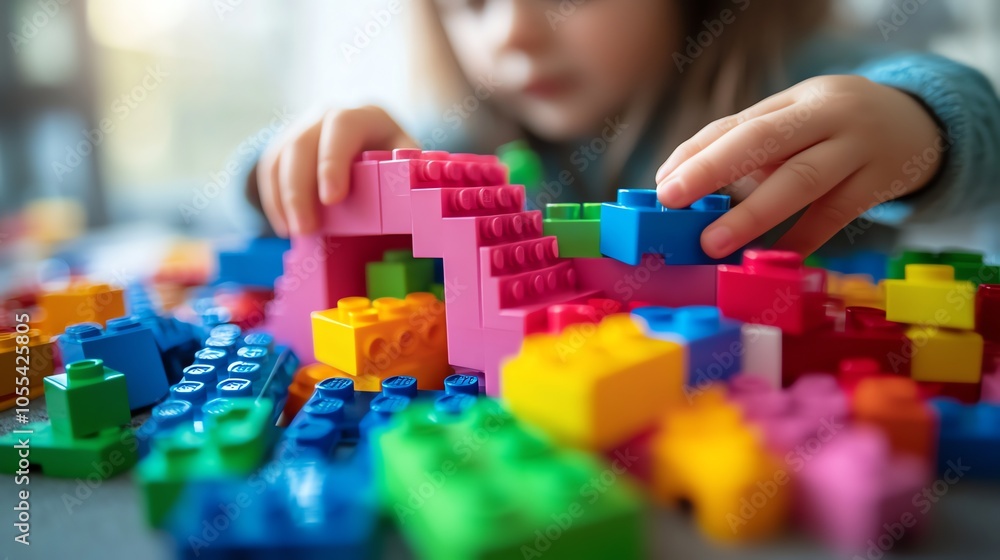Fototapeta premium A little girl playing with colourful toy building blocks.