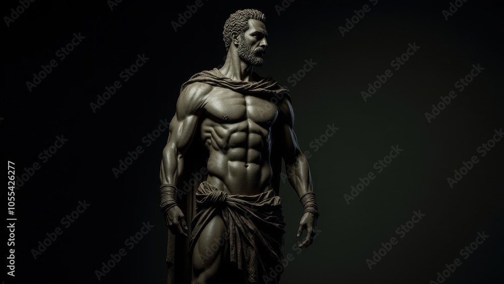 Sculpted male figure with a muscular physique and cloak, presented with a banner stoic background, evoking classical strength and composure. Sculpted male figure with a muscular physique and cloak, presented with a banner stoic background, evoking classical strength and composure.