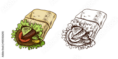 Hand-drawn colored and monochrome sketch style burrito wrap with vegetables and meat  pieces isolated on white background. Fast food illustration. Vintage drawing. Element for the design of labels