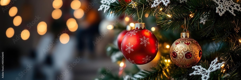 A festive Christmas background featuring a beautifully decorated Christmas tree surrounded by colorful ornaments and twinkling lights, celebration, holiday A festive Christmas background featuring a beautifully decorated Christmas tree surrounded by colorful ornaments and twinkling lights, celebration, holiday