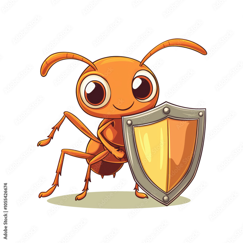 Ant character holding shield, cartoon style, friendly expression, vibrant colors, isolated on transparent background, png
