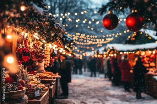 A festive Christmas market background with rows of stalls selling ornaments, baked goods, and hot drinks. Bright string lights crisscross above, with people browsing the market on a snowy evening.