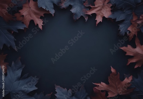 Autumn leaves in the shape of a frame, in the center of your copy space. A background of wood texture and withered maple and other tree leaves. photo