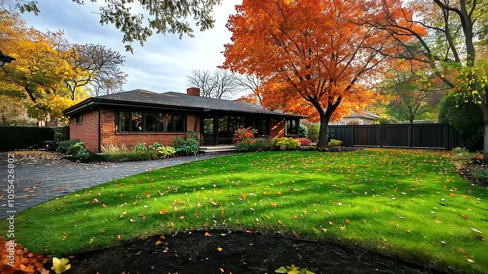 A rustic suburban home with brick and wooden walls sits peacefully in the background, as its backyard garden bursts with the fiery colors of autumn A rustic suburban home with brick and wooden walls sits peacefully in the background, as its backyard garden bursts with the fiery colors of autumn