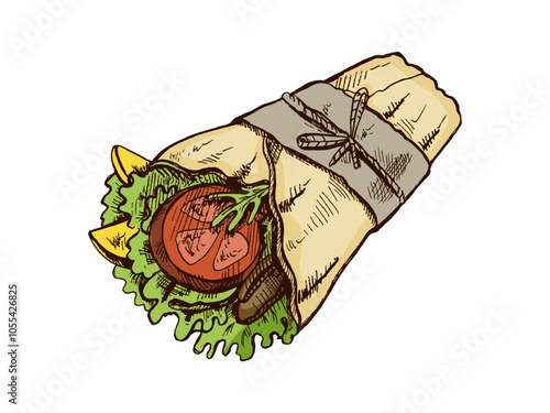 Hand-drawn colored sketch style burrito wrap with vegetables  pieces in paper package   isolated on white background. Fast food illustration. Vintage drawing. Element for the design of labels