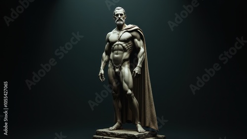 Realistic digital sculpture of a powerful man, wearing a cloak, posed against a banner stoic background, creating a sense of authority and stillness.