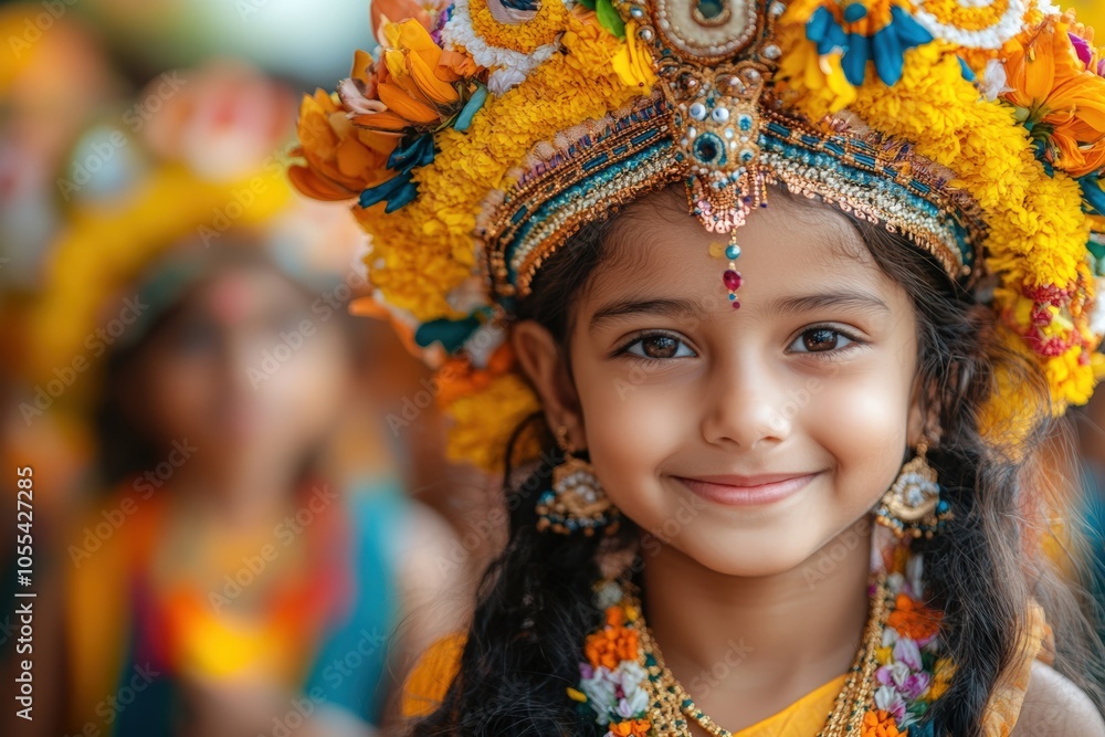 Young girl smiling in colorful traditional Onam headdress, adorned with flowers and jewelry Young girl smiling in colorful traditional Onam headdress, adorned with flowers and jewelry