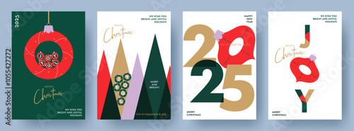 Merry Christmas and Happy New Year greeting cards set. Xmas design with 2025 logo, beautiful balls and christmas trees. Christmas concept for invitation, banner, poster, cover, marketing material.