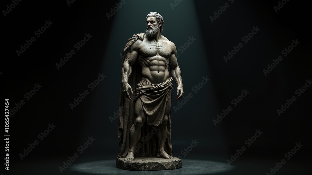 Statuesque male form in a dynamic pose, draped with a cloak, set against a banner stoic background, symbolizing power and calm. Statuesque male form in a dynamic pose, draped with a cloak, set against a banner stoic background, symbolizing power and calm.