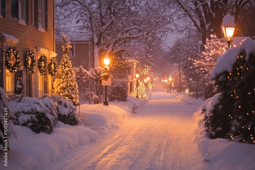 A quiet snowy village street on Christmas Eve, with wreaths on the doors, glowing streetlamps, and fresh snow covering the ground. The windows of homes are lit warmly, creating a festive ambiance. A quiet snowy village street on Christmas Eve, with wreaths on the doors, glowing streetlamps, and fresh snow covering the ground. The windows of homes are lit warmly, creating a festive ambiance.