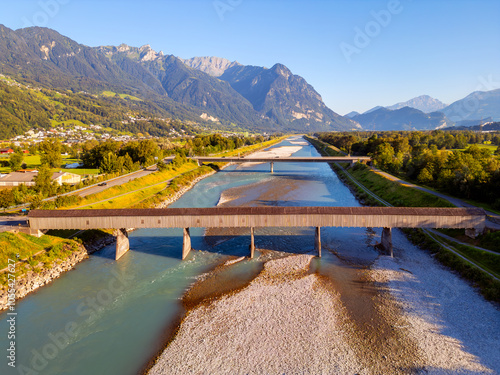 Aerial View on Bridges crossing Rhine River connecting Liechtenstein (left) and Switzerland (right)