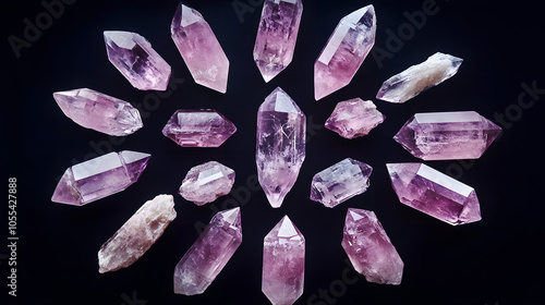 An Artistic Arrangement of Poudretteite Gemstones Forming a Beautiful Circular Pattern Reflecting Light photo