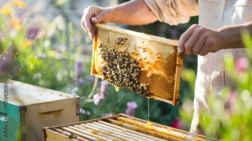 Beekeeper Examining a Frame Filled with Honeycomb and Bees, Highlighting the Art of Beekeeping and the Importance of Pollinators in Nature