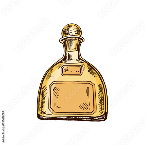 Hand-drawn colored bottle of tequila. Design element for the menu of bars and restaurants, alcohol stores. Vector sketch illustration in engraving style. Mexican, Latin America.