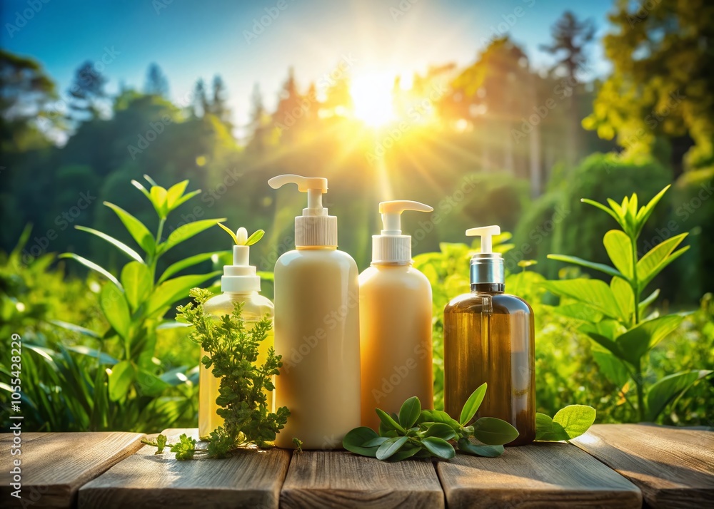 Eco-Friendly Shampoo and Shower Gel Bottles in a Serene Landscape Setting for Sustainable Living Eco-Friendly Shampoo and Shower Gel Bottles in a Serene Landscape Setting for Sustainable Living