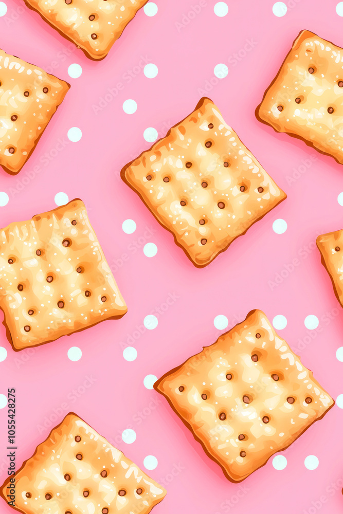 Vertical Pattern of cartoon crackers flat laid against pink polka dot background. Vertical Pattern of cartoon crackers flat laid against pink polka dot background.