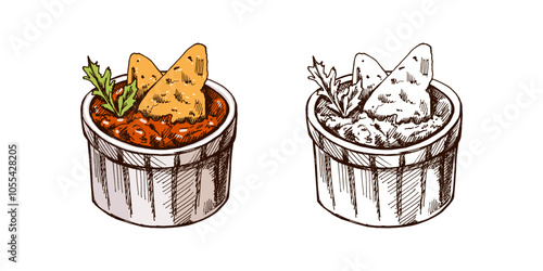 Hand-drawn colored and monochrome sketch of bowl with guacamole, nachos and parsley leaves. Vintage drawing. Vector black ink outline food sketch illustration. Mexican food, cuisine. 