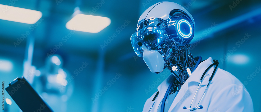 Futuristic Robot Doctor with Stethoscope and Goggles in Medical Clinic, Futuristic Robot Doctor with Stethoscope and Goggles in Medical Futuristic Robot Doctor with Stethoscope and Goggles in Medical Clinic, Futuristic Robot Doctor with Stethoscope and Goggles in Medical