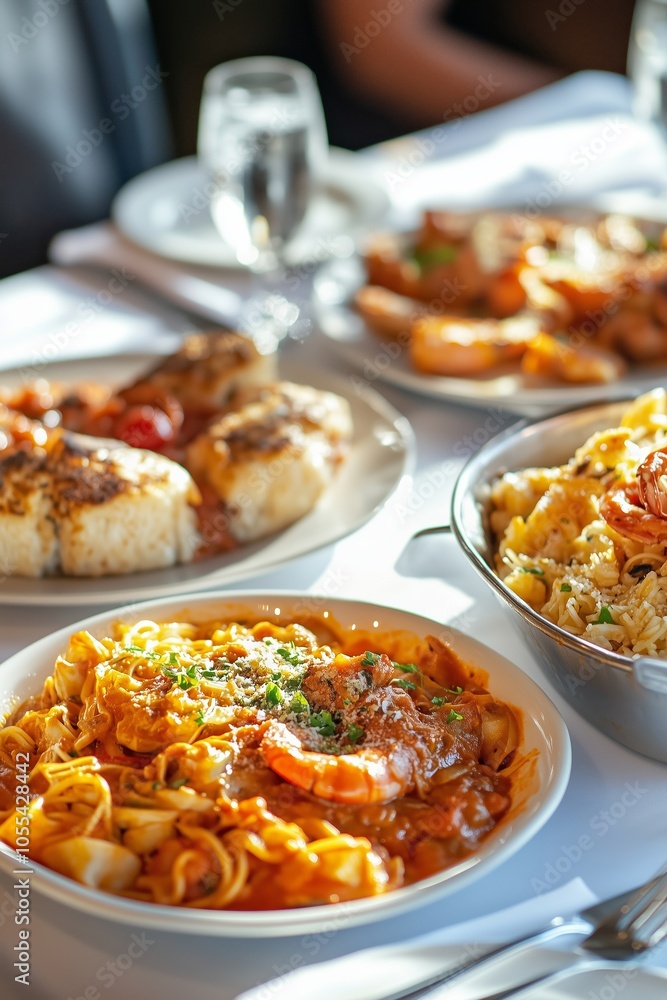 Delicious pasta dishes served at a bustling restaurant during a sunny dinner time with friends enjoying a delightful meal together Delicious pasta dishes served at a bustling restaurant during a sunny dinner time with friends enjoying a delightful meal together