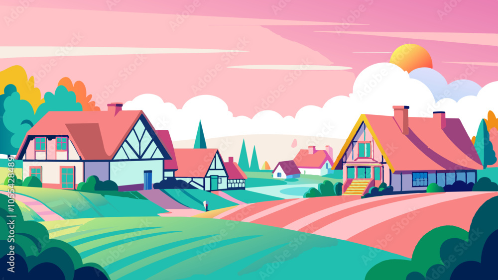 Naklejka premium Vibrant Cartoon Village at Sunset with Colorful Houses and Landscape