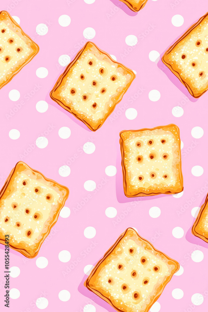 Vertical Pattern of cartoon crackers flat laid against pink polka dot background. Vertical Pattern of cartoon crackers flat laid against pink polka dot background.