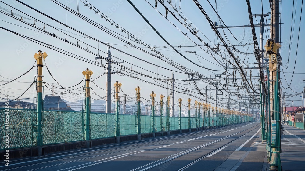 Fototapeta premium An empty urban road lined with electric poles on a clear morning in Japan