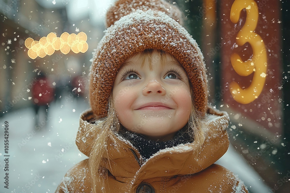 A Young Girl Wearing a Brown Hat and Jacket Smiles Up at Falling Snow A Young Girl Wearing a Brown Hat and Jacket Smiles Up at Falling Snow
