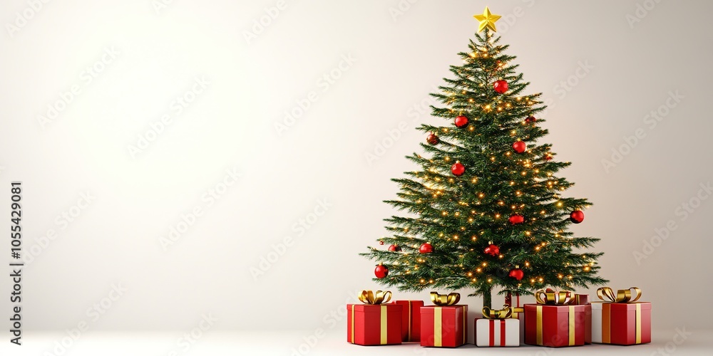Decorated Christmas tree with gifts on light background Decorated Christmas tree with gifts on light background