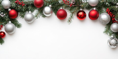 Festive border with red and silver ornaments