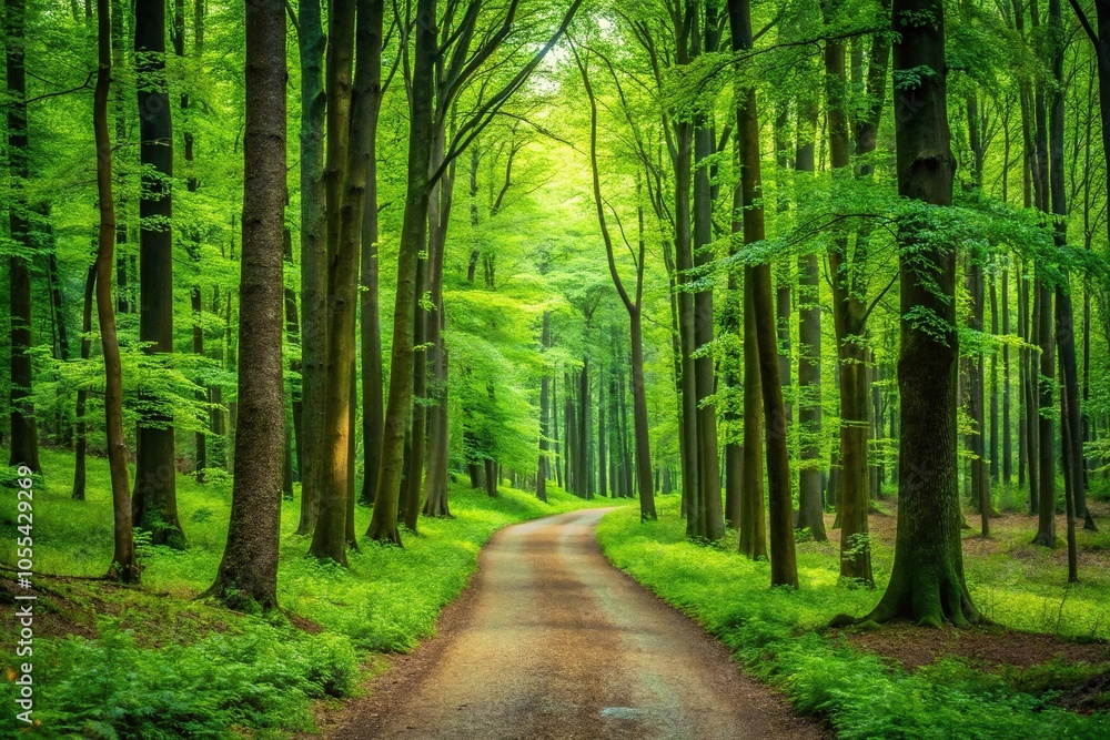 A lush green forest with tall trees and a winding path leading into the distance, leafy greens, foliage, trees A lush green forest with tall trees and a winding path leading into the distance, leafy greens, foliage, trees