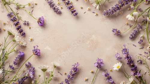 Rectangular Frame of Delicate Lavender and Daisies on a Soft Beige Background, Evoking a Sense of Serenity and Floral Beauty