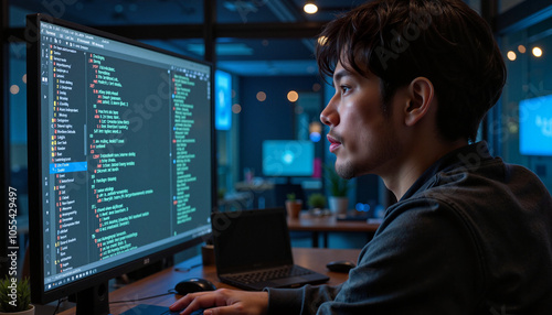 Young man programming on large screen in dark office.