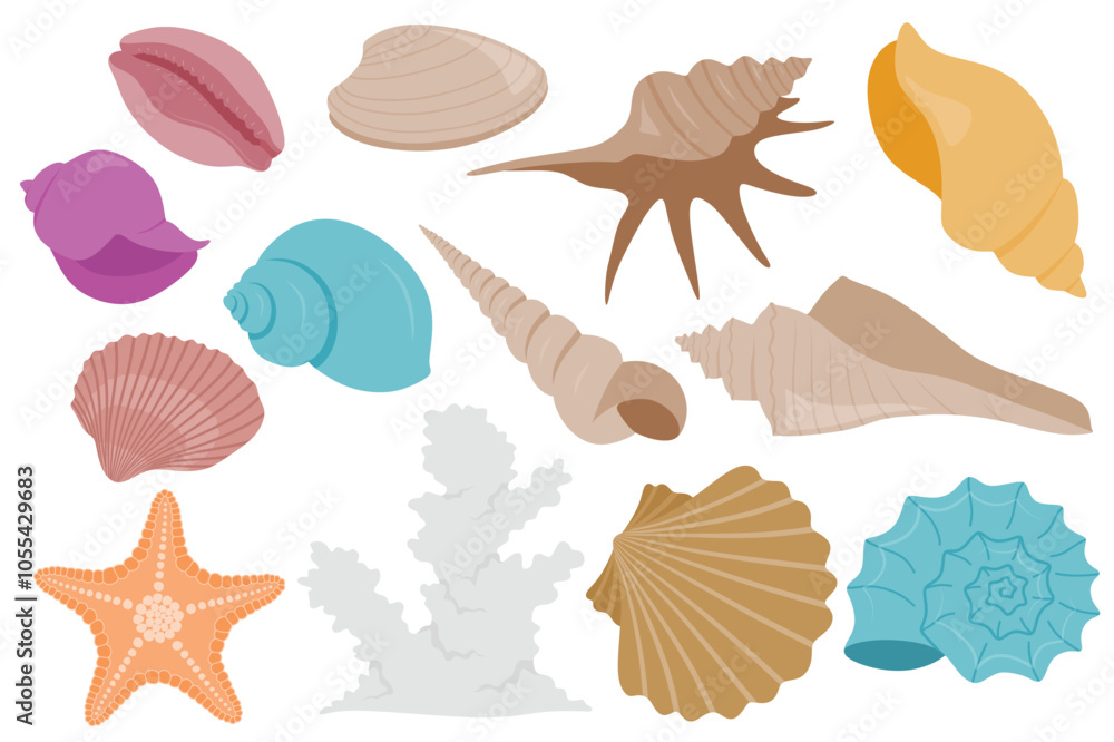 Naklejka premium Hand drawn cute colorful Sea shell cartoon set with cartoon style