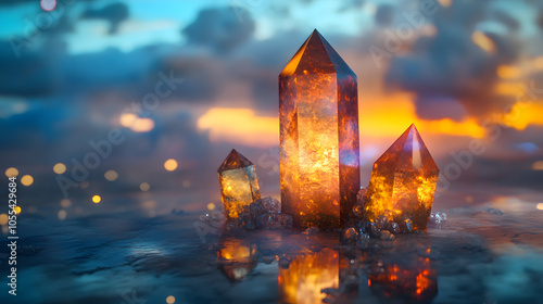 Mystical Landscape Featuring a Brilliant Zultanite Crystal Glowing amidst Dreamy Clouds and Ethereal Lights photo