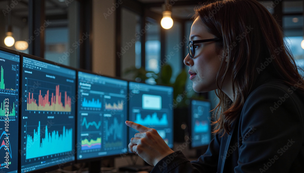 Focused woman reviewing multiple data screens in office. Focused woman reviewing multiple data screens in office.