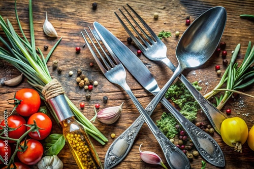 Elegant Double Exposure Photography of Fork, Spoon, and Knife with Culinary Elements for Food Lovers photo