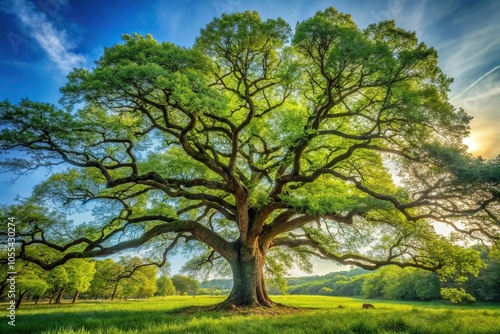 A majestic oak tree stands tall in a lush forest landscape, its gnarled branches stretching towards the sky and leaves rustling in the gentle breeze, oak tree, autumn leaves