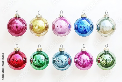 Colorful Christmas balls in watercolor style, festive decoration