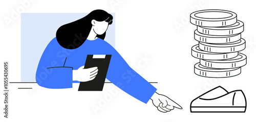 Woman writing on clipboard pointing at shoe near stack of coins, suggesting financial decisions. Ideal for business budgeting, economic planning, financial advice, market analysis, personal finance