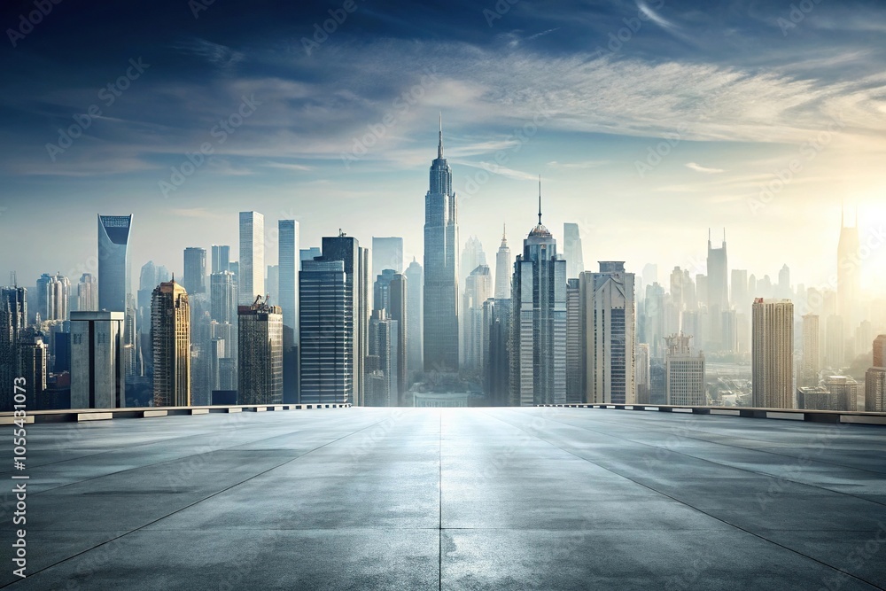 Fototapeta premium A minimalist cityscape with towering skyscrapers and busy streets stretching into the distance on a gray concrete background, gray sky, metropolitan area