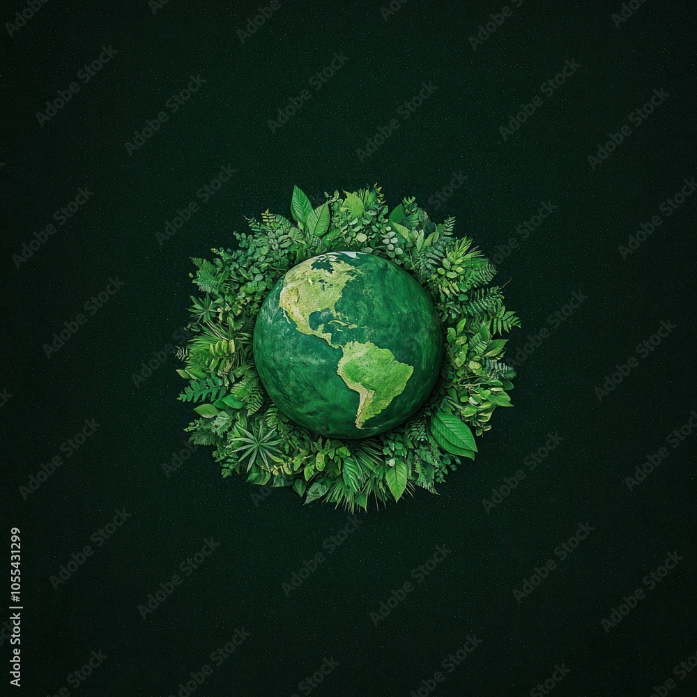 Verdant Planet: A Green Earth Surrounded by Lush Leaves Verdant Planet: A Green Earth Surrounded by Lush Leaves