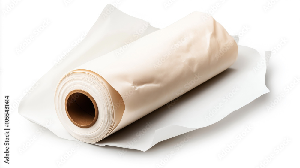Close-up of a large roll of white parchment paper with a brown cardboard core on a seamless white background.