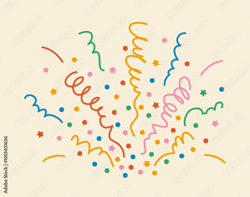 Fototapeta premium Explosion of confetti from multi-colored stars, circles, squiggles, lines from bottom to top on light background, simple cute hand drawn illustration, flat style