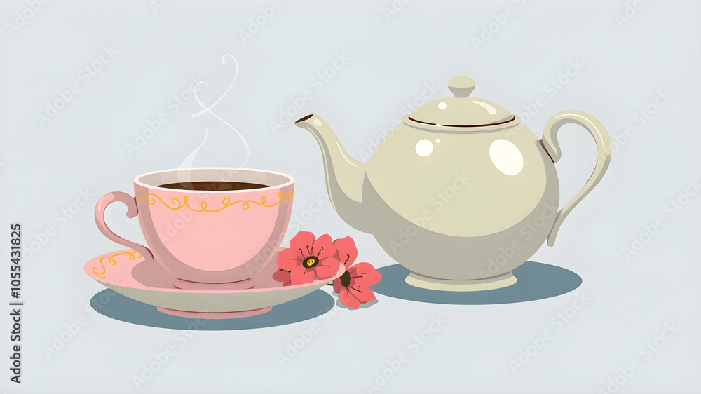 Teapot and teacup set illustration. Generative AI Teapot and teacup set illustration. Generative AI