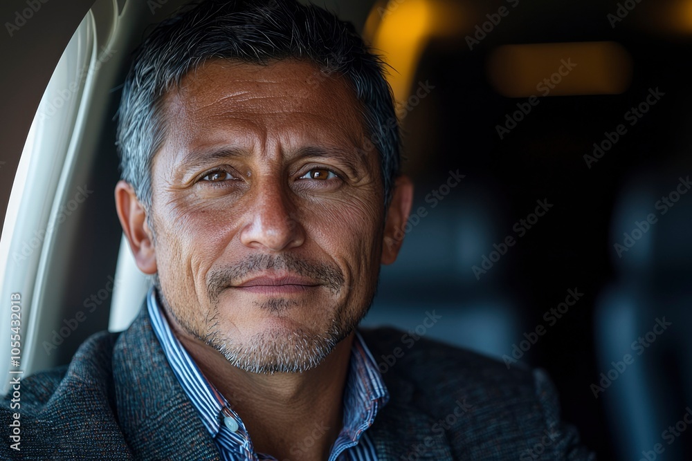 A Close-Up Portrait of a Man with Grey Hair and a Goatee Sitting in an Airplane Seat A Close-Up Portrait of a Man with Grey Hair and a Goatee Sitting in an Airplane Seat